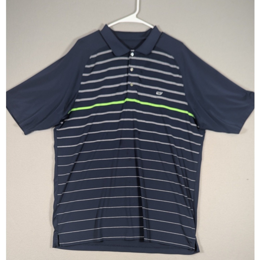 Vineyard Vines Shirt Mens XL Navy Blue Gray Striped Performance Polo Golf Logo